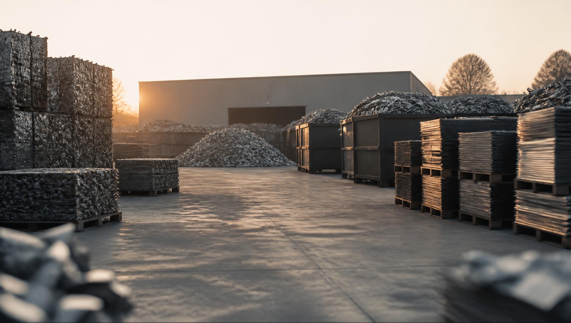 Uklizený areál sběrných surovin s roztříděným kovovým materiálem a průmyslovými kontejnery
